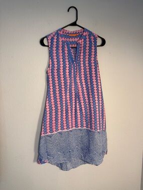 Oliphant 100% Cotton Sleeveless Block Print Mini Dress Pink Blue Geometric M